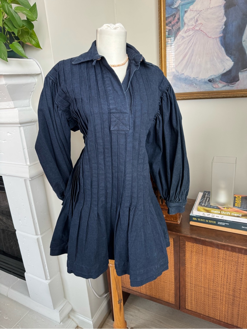Jan Barboglio Dark Navy Pintuck Long-Sleeve Dress - RARE Vintage